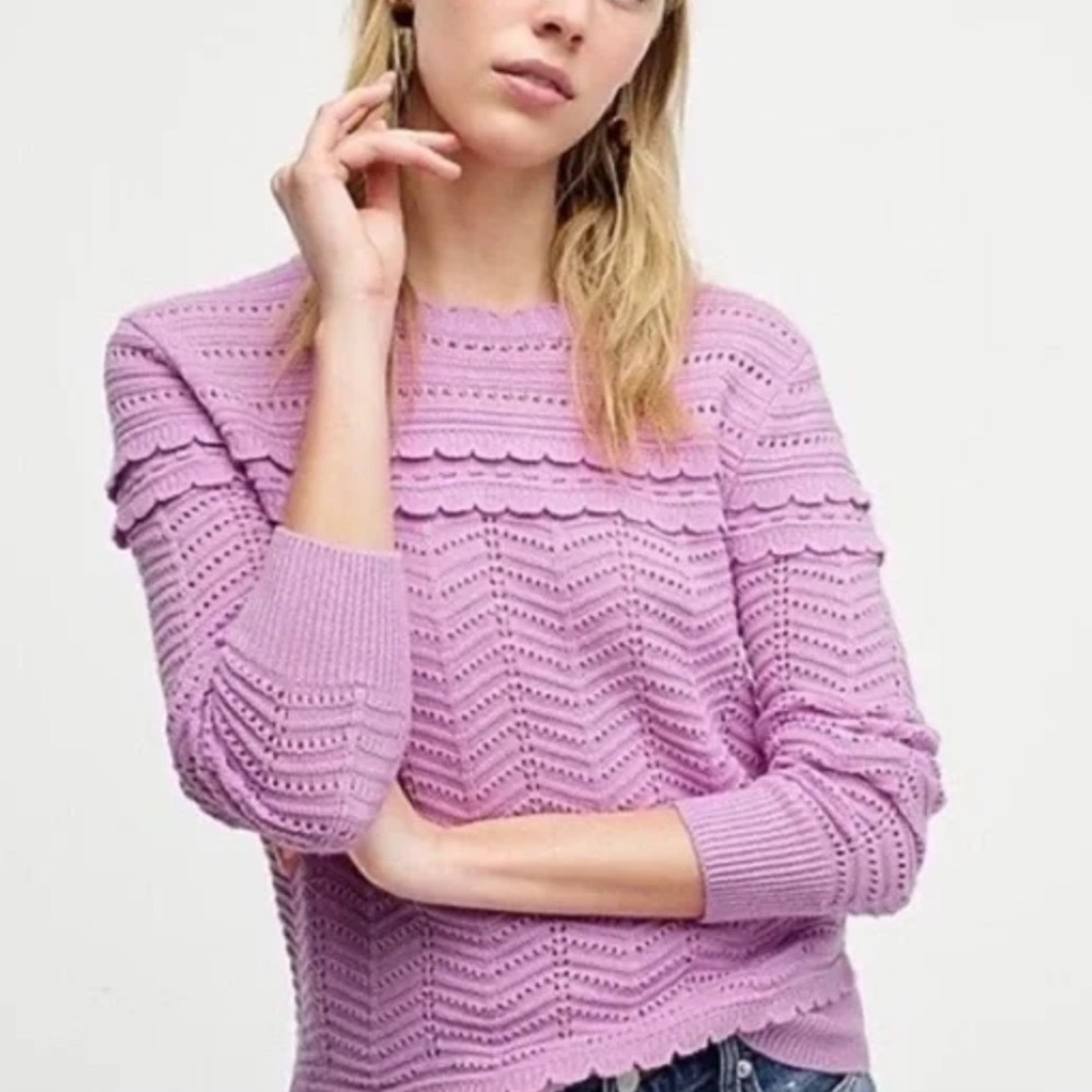 J CREW Crewneck Scalloped Pointelle Sweater Wool Blend Size Small